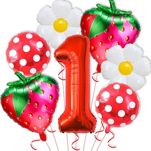 Luftballons Geburtstag Erdbeer, Erdbeer Deko Geburtstag 1 Jahr Mädchen, 7 Stück Geburtstags Ballon Set mit Ballon Nummer 1, Erdbeere Folienballon für Mädchen Geburtstagdeko Motto Party von LUYANFX