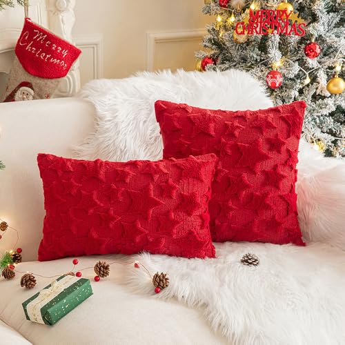 LUZBOSE Weihnachtskissenbezug, 2er-Set, Plüsch, kurze Wolle, dekorativer Kissenbezug, quadratisch, für Sofa, Schlafzimmer, Weihnachtsbaum und Elch (30 x 50 cm, rote Sterne) von LUZBOSE