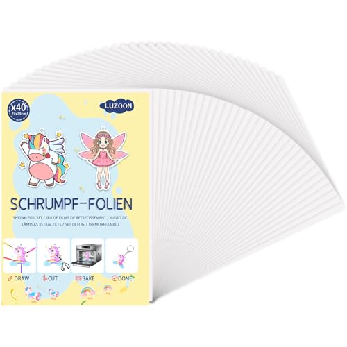 LUZOON 40 Stück A4 Schrumpffolien Durchscheinend Nachfüllset Schrumpfende Plastikfolien zum Basteln Schrumpffolienplatten Matt-Dicke 0.3mm-Größe 20 * 29 cm (A4-40 Stück) von LUZOON