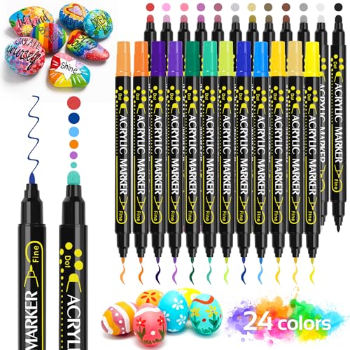 LUZOON Acrylstifte für Steine, 24 Farben Wasserfeste Stifte Dual Tip Permanent Marker Stifte, Bemalen Acrylstifte für Steine, Holz, Leinwand, Glas, Papier von LUZOON