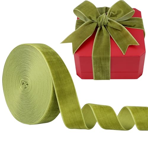 LVYOUIF Samtband, einseitig, perfekt für Weihnachtsbäume, Geschenkverpackungen, Blumensträuße, Hochzeitsdekoration und Bastelarbeiten, Moosgrün, 2,5 cm, 9,1 m von LVYOUIF