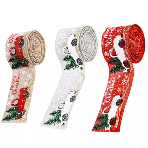 LVYXON Festliches Schleifenband, 3 Rollen, Weihnachtsbaum, LKW-Druck, Drahtrand, Band für Weihnachtsdekoration, Verpackung, Basteln, Partyzubehör, rotgraues Leinen, 5 cm x 5 m von LVYXON