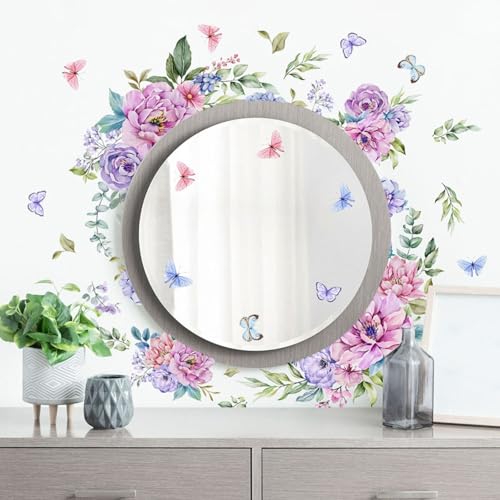 Lila Blume Schmetterling Spiegel Wandaufkleber Selbstklebende PVC-Wandaufkleber für Wohnkultur, entfernbare wasserdichte Wandkunst für Wohnzimmer, Schlafzimmer, Büro, Café, Hotel, 60 x 30 cm von LVYXON