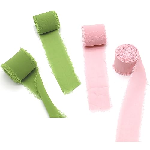 4 Rollen Handgefertigtes Chiffonband, 4cm Grün Bandset, 5m langes Chiffon-Seidenband für Hochzeitseinladungen, Brautsträuße, Geschenkverpackungen, Heimwerkerarbeite (2 Rosa und 2 Grün) von LWMLWM