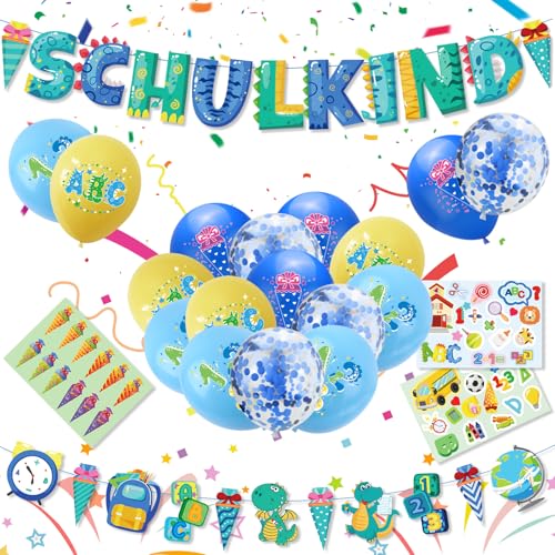 Einschulung Deko Junge,Einschulung Schuleinführung Schulanfang Deko Set, SCHULKIND Blau Banner,22 Luftballons mit ABC 123, 3 Zuckertüte Aufkleber,Kinder Schulanfang Deko Einschulungsdeko(Blau) von LWMTT