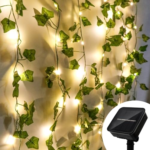 Lichterkette mit Blättern,Efeu Künstlich mit Lichterkette, Efeugirlande Lichterkette Innen 10M,32Ft 8 Modi Solar Lichterkette Aussen mit 100 LED Licht, Frühling Pflanzen Dekoration für Hochzeit Party von LWMTT