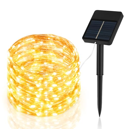 Solar Lichterkette Aussen, 12M 120 LED Lichterkette Außen Wasserdicht KupferDraht 8 Modus Solarlichterkette Deko,Solar Lichterkette Aussen für Garten, Balkon, Terrasse, Hof, Hochzeit, Party Warmweiß von LWMTT