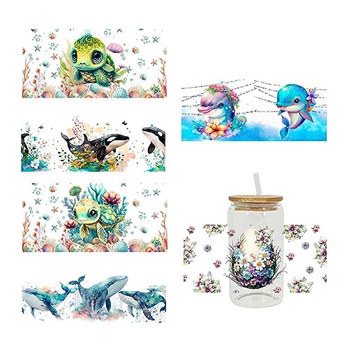 UV DTF Cup Wrap, 1/6 Blatt UV DTF Transfer Aufkleber für 473 ml Glasbecher, Save The Ocean UV-DTF Transfer, Cartoon Delphin Turtle Waterproof Rub on Transfers Stickers, Marine Animals DIY Bottle von LWPEM