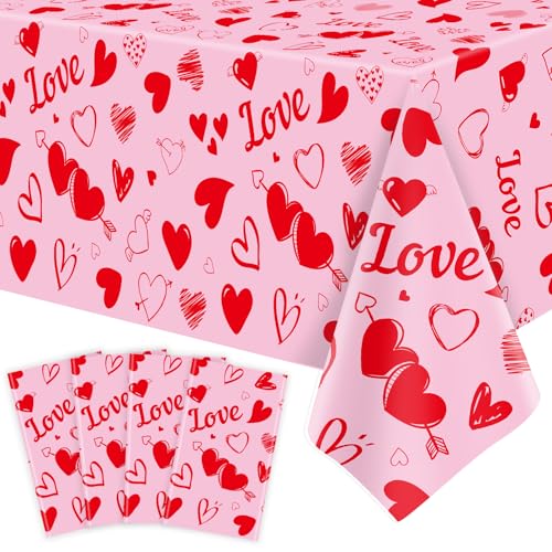 4 Pack Valentinstag Tischtuch Valentinstag Liebe Herz Tischdecke für Rechteck 51 x 86in Wasserdichtes Plastik Tischtuch für Valentine Day Party Supplies, Muttertag Dekoration von LWYGEGJO