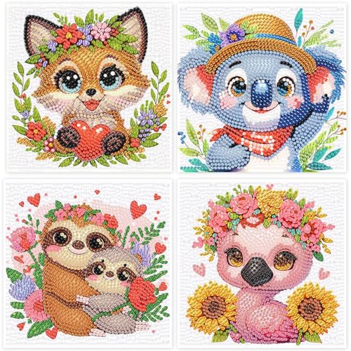 LWZAYS 4PC Diamond Painting for Adult Beginners, 5D Diamond Painting Cute Animals Set Full Diamond Painting Pictures Animals, DIY Mosaic Art Crafts 15x15 cm Ohne Rahmen von LWZAYS