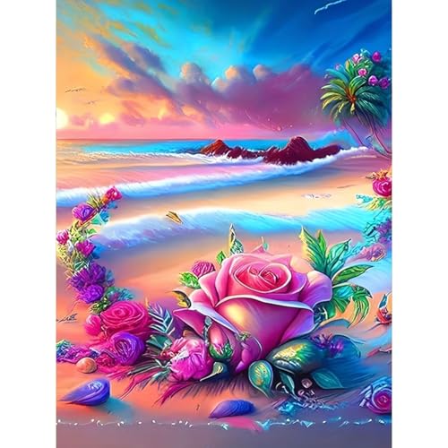 LWZAYS Strand Blumen Diamond Painting Kit für Erwachsene Anfänger ohne Rahmen 30x40 cm, Blume 5D Gem Art Round Diamond Dots Kits DIY Kunsthandwerk für Wohnkultur von LWZAYS