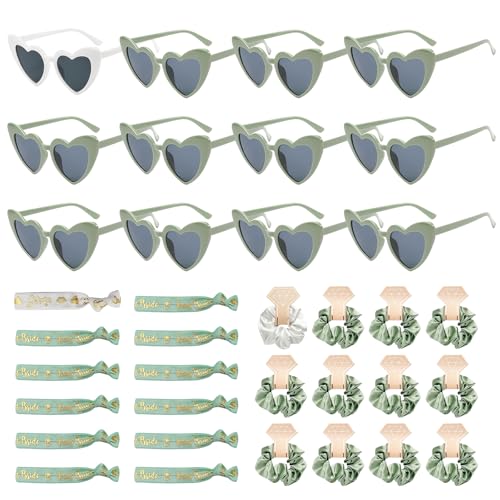 Braut Geschenke, 36 Stück JGA Brille Team Braut Haargummi Armbänder 12 Sets JGA Party Zubehör 12 Herz Sonnenbrille, 12 Bride Armband 12 Haargummi für JGA Deko Accessoires (A) von LWuuywa