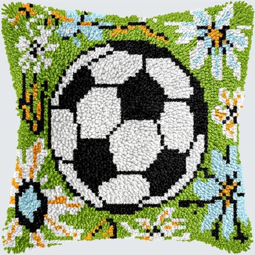 KnüpfKissen Knüpfen Set Erwachsene Fußball Fußball Grün Gras Kissenbezug knüpfteppich zum selber knüpfen Kinder Anfänger DIY Handarbeit Stickerei Kits Handgemachtes Set Handwerk Sofa Wohnkultur 43x43c von LXBNBO