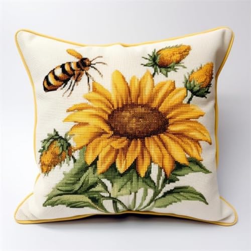 KnüpfKissen Knüpfen Set Erwachsene Gelbe Biene Sonnenblume Kissenbezug knüpfteppich zum selber knüpfen Kinder Anfänger DIY Handarbeit Stickerei Kits Handgemachtes Set Handwerk Sofa Wohnkultur 43x43cm von LXBNBO