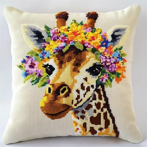 KnüpfKissen Knüpfen Set Erwachsene Giraffe Kranz Blume Kissenbezug knüpfteppich zum selber knüpfen Kinder Anfänger DIY Handarbeit Stickerei Sets Handgemachtes Set Handwerk Sofa Wohnkultur 43x43cm von LXBNBO