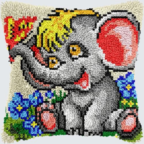 KnüpfKissen Knüpfen Set Erwachsene Niedliche Elefant Familie Sonnenuntergang Cartoon Kissenbezug knüpfteppich zum selber knüpfen Kinder Anfänger DIY Handarbeit Stickerei Kits Handgemachtes Set Handwer von LXBNBO