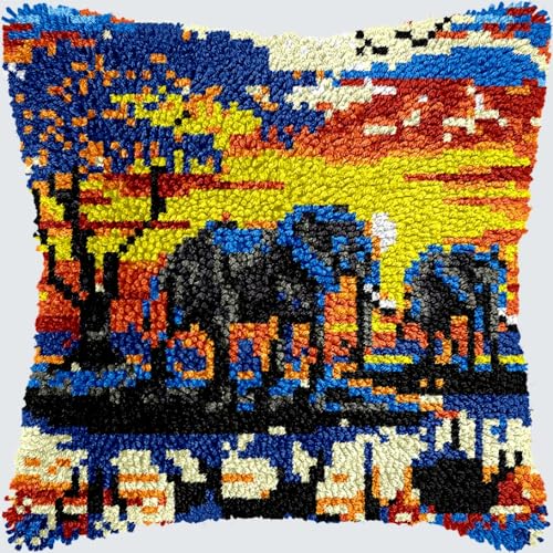 KnüpfKissen Knüpfen Set Erwachsene Niedliche Elefant Familie Sonnenuntergang Cartoon Kissenbezug knüpfteppich zum selber knüpfen Kinder Anfänger DIY Handarbeit Stickerei Kits Handgemachtes Set Handwer von LXBNBO