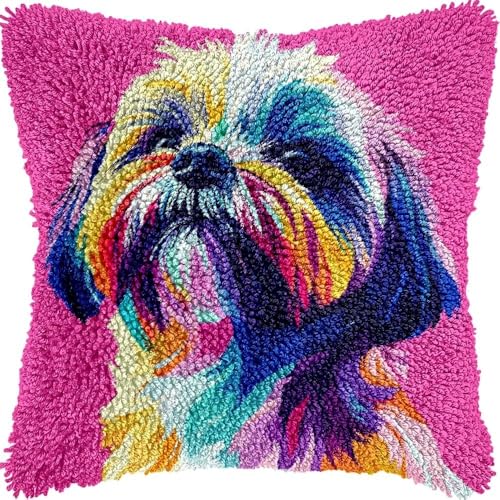 KnüpfKissen Knüpfen Set Erwachsene Niedliche Graffiti Welpe Hund Rosa Kissenbezug knüpfteppich zum selber knüpfen Kinder Anfänger DIY Handarbeit Stickerei Kits Handgemachtes Set Handwerk Sofa Wohnkult von LXBNBO