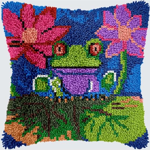 KnüpfKissen Knüpfen Set Erwachsene Niedlicher Frosch Grün Cartoon Kissenbezug knüpfteppich zum selber knüpfen Kinder Anfänger DIY Handarbeit Stickerei Kits Handgemachtes Set Handwerk Sofa Wohnkultur 4 von LXBNBO