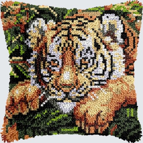 KnüpfKissen Knüpfen Set Erwachsene Niedliches Tier Tiger Kopf Kissenbezug knüpfteppich zum selber knüpfen Kinder Anfänger DIY Handarbeit Stickerei Kits Handgemachtes Set Handwerk Sofa Wohnkultur 43x43 von LXBNBO