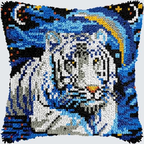 KnüpfKissen Knüpfen Set Erwachsene Niedliches Tier Tiger Kopf Kissenbezug knüpfteppich zum selber knüpfen Kinder Anfänger DIY Handarbeit Stickerei Kits Handgemachtes Set Handwerk Sofa Wohnkultur 43x43 von LXBNBO