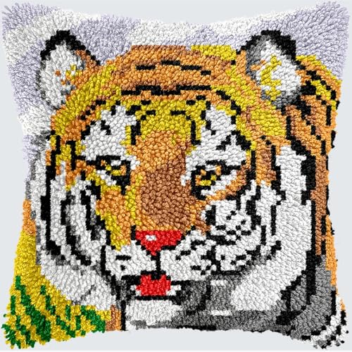 KnüpfKissen Knüpfen Set Erwachsene Niedliches Tier Tiger Kopf Kissenbezug knüpfteppich zum selber knüpfen Kinder Anfänger DIY Handarbeit Stickerei Kits Handgemachtes Set Handwerk Sofa Wohnkultur 43x43 von LXBNBO