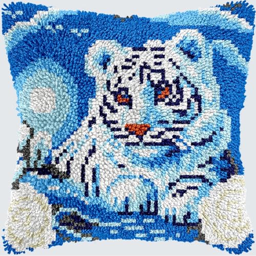 KnüpfKissen Knüpfen Set Erwachsene Niedliches Tier Tiger Kopf Kissenbezug knüpfteppich zum selber knüpfen Kinder Anfänger DIY Handarbeit Stickerei Kits Handgemachtes Set Handwerk Sofa Wohnkultur 43x43 von LXBNBO