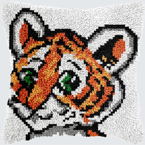 KnüpfKissen Knüpfen Set Erwachsene Niedliches Tier Tiger Kopf Kissenbezug knüpfteppich zum selber knüpfen Kinder Anfänger DIY Handarbeit Stickerei Kits Handgemachtes Set Handwerk Sofa Wohnkultur 43x43 von LXBNBO