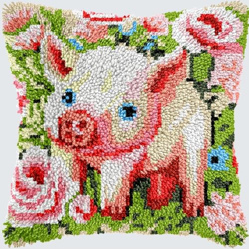 KnüpfKissen Knüpfen Set Erwachsene Rosa Niedliche Schwein Blume Kissenbezug knüpfteppich zum selber knüpfen Kinder Anfänger DIY Handarbeit Stickerei Kits Handgemachtes Set Craft Sofa Home Decor 43x43c von LXBNBO