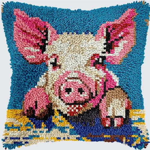 KnüpfKissen Knüpfen Set Erwachsene Rosa Niedliche Schwein Blume Kissenbezug knüpfteppich zum selber knüpfen Kinder Anfänger DIY Handarbeit Stickerei Kits Handgemachtes Set Handwerk Sofa Wohnkultur 43x von LXBNBO