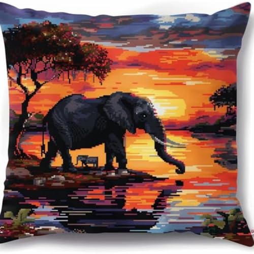 KnüpfKissen Knüpfen Set Erwachsene Sonnenuntergang Elefant Baum Fluss Kissenbezug knüpfteppich zum selber knüpfen Kinder Anfänger DIY Handarbeit Stickerei Sets Handgemachtes Set Handwerk Sofa Wohnkult von LXBNBO