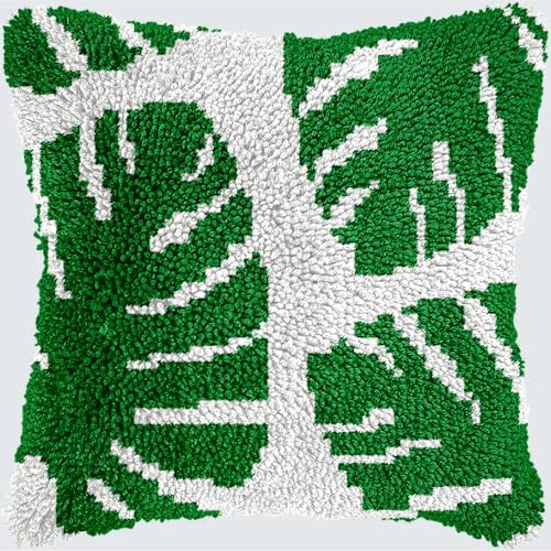 KnüpfKissen Knüpfen Set Erwachsene Tropische Pflanze Blätter Monstera Grün Kissenbezug knüpfteppich zum selber knüpfen Kinder Anfänger DIY Handarbeit Stickerei Kits Handgemachtes Set Handwerk Sofa Woh von LXBNBO