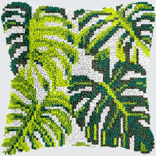 KnüpfKissen Knüpfen Set Erwachsene Tropische Pflanze Blätter Monstera Grün Kissenbezug knüpfteppich zum selber knüpfen Kinder Anfänger DIY Handarbeit Stickerei Kits Handgemachtes Set Handwerk Sofa Woh von LXBNBO