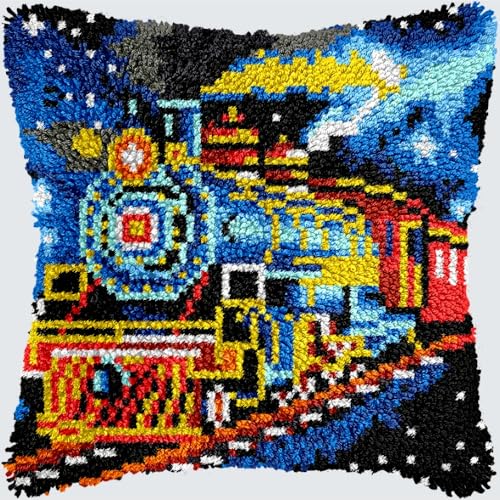 KnüpfKissen Knüpfen Set Erwachsene Vintage Retro Dampfeisenbahn Kissenbezug knüpfteppich zum selber knüpfen Kinder Anfänger DIY Handarbeit Stickerei Kits Handgemachtes Set Handwerk Sofa Wohnkultur 43x von LXBNBO