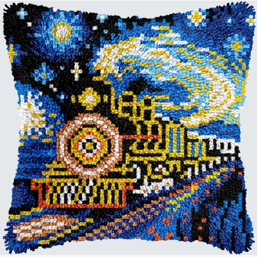 KnüpfKissen Knüpfen Set Erwachsene Vintage Retro Dampfeisenbahn Kissenbezug knüpfteppich zum selber knüpfen Kinder Anfänger DIY Handarbeit Stickerei Sets Handgemachtes Set Handwerk Sofa Wohnkultur 43x von LXBNBO