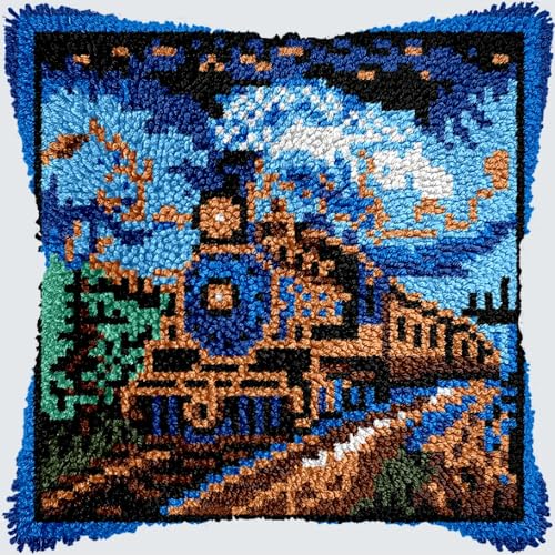 KnüpfKissen Knüpfen Set Erwachsene Vintage Retro Dampfeisenbahn Kissenbezug knüpfteppich zum selber knüpfen Kinder Anfänger DIY Handarbeit Stickerei Sets Handmade Set Craft Sofa Home Decor 43x43cm,HH von LXBNBO