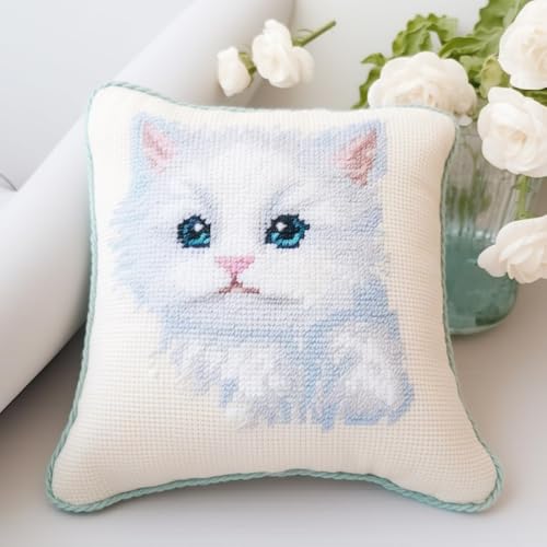 KnüpfKissen Knüpfen Set Erwachsene Weiß Niedliche Katze Kätzchen Kissenbezug knüpfteppich zum selber knüpfen Kinder Anfänger DIY Handarbeit Stickerei Sets Handgemachtes Set Handwerk Sofa Wohnkultur 43 von LXBNBO