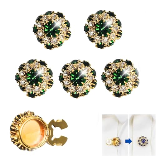 LXCJZY Rhinestone Button Covers,Garment Crystal Fancy Buttons,Detachable Shirt Clips,for Sewing Decoration Embellishments (5PcsGolden Green) von LXCJZY