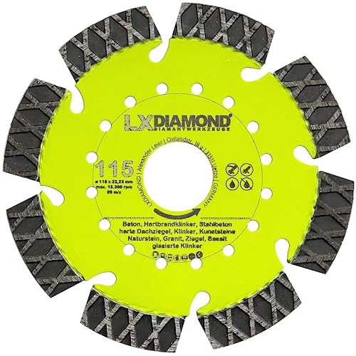 LXDIAMOND Diamant-Trennscheibe 115mm x 22,23mm - perfekt geeignet für Beton Stahlbeton Klinker Granit Hartbrandklinker Natursteine Kunststeine - Laser Diamantscheibe 115 mm in Premium Qualität von LXDIAMOND