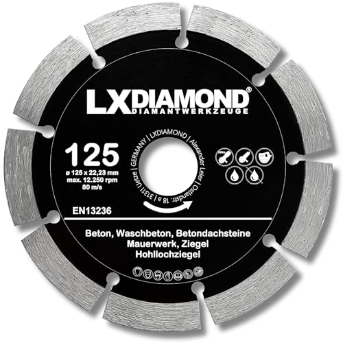 LXDIAMOND Diamant-Trennscheibe 125mm x 22,23mm - für Winkelschleifer Mauernutfräse Schlitzfräse - Diamantscheibe zum Trennen von Stein Beton Ziegel Mauerwerk - 125 mm Steinscheibe in Profi Qualität von LXDIAMOND