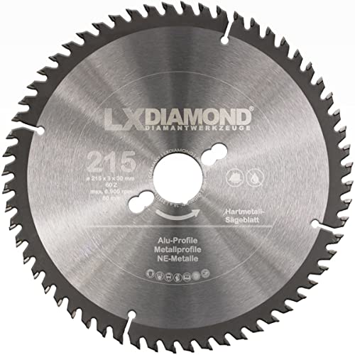 LXDIAMOND Hartmetall Kreissägeblatt 215mm x 30,0mm mit 60x Trapez-Flachzähne - 215x30 HM Sägeblatt für Aluminium Alu Metall-Profile NE-Metall - 215 mm Hartmetallsägeblatt in Premium Qualität von LXDIAMOND