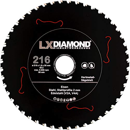 LXDIAMOND Hartmetall Sägeblatt 216mm x 30,0mm Z48 für Eisen Stahl Edelstahl V2A V4A Stahlprofile Bleche Stahl Kreissägeblatt passend für Kappsägen Handkreissägen Metall-Trennsägen Tischsägen 216x30 von LXDIAMOND