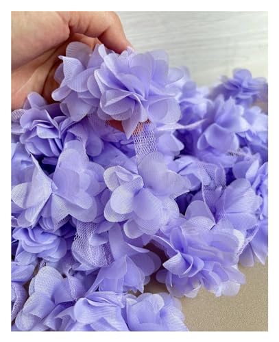 Spitzenapplikation 24 Stück Blumenapplikationen (2 Yards) aus 3D-Chiffon-Spitzenaufnäher, Spitzenbesatz, DIY, Brautschleier, Schuhe, Hochzeit, Kinderkleidung, Stoffzubehör(Lavender purple) von LXHZSY