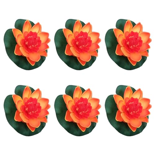 LXJLXD Künstliche schwimmende Blumen mit Blättern für Gartenteich-Dekorationen, 10 cm, realistische schwimmende Blumen (Sonnenuntergang-rot), 6 Stück von LXJLXD