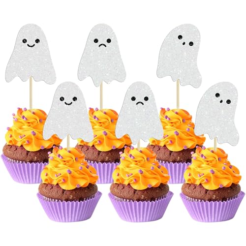 Cupcake Toppers Geister, 24 Stück Geister Kuchendekorationen, Geister Torten Dekoration, Halloween Cake Dekoration, Cake Toppers Lustige Geister, Thema Cake Toppers Halloween(D) von LXONTSG