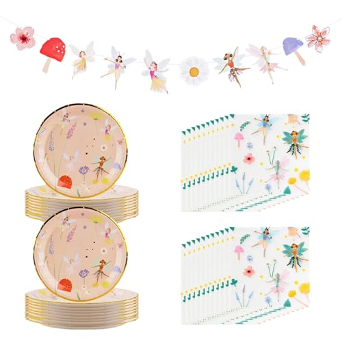 Fee Partygeschirr Set,41 Stück Schmetterling Partygeschirr Set,Fairy Party Tableware,Fee Partygeschirr Kindergeburtstag Set Schmetterling & Feen Geburtstag Deko Geburtstagsteller für 20 Gäste (Fee) von LXONTSG