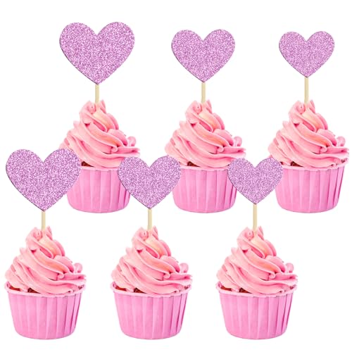 Glitter Herz Cupcake Topper,30 PCS Muffin Deko Cupcake Topper,Herzen Topper Cupcake,Liebe Herz Cupcake Toppers, für Muffins Dekorationen Hochzeit Party Jahrestag Valentinstag Kuchendeko (Rosa) von LXONTSG