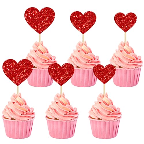 Glitter Herz Cupcake Topper,30 PCS Muffin Deko Cupcake Topper,Herzen Topper Cupcake,Liebe Herz Cupcake Toppers, für Muffins Dekorationen Hochzeit Party Jahrestag Valentinstag Kuchendeko (Rot) von LXONTSG