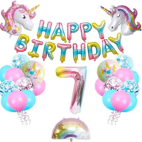 LXONTSG Einhorn 7 Geburtstag Deko: 25 Ballons, Metallischer Glanz, Einhorn Ballon, 17 cm x 24 cm, für Mädchen und Kinder von LXONTSG