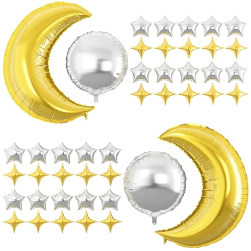 Stern Luftballons Silber,44PCS Große Mond Silber Luftballons,Stern Folienballons Silber, Silber Star Foil Balloons,Helium Ballon Stern für Geburtstag Babyparty Jubiläum Hochzeit Dekoration (Silber) von LXONTSG